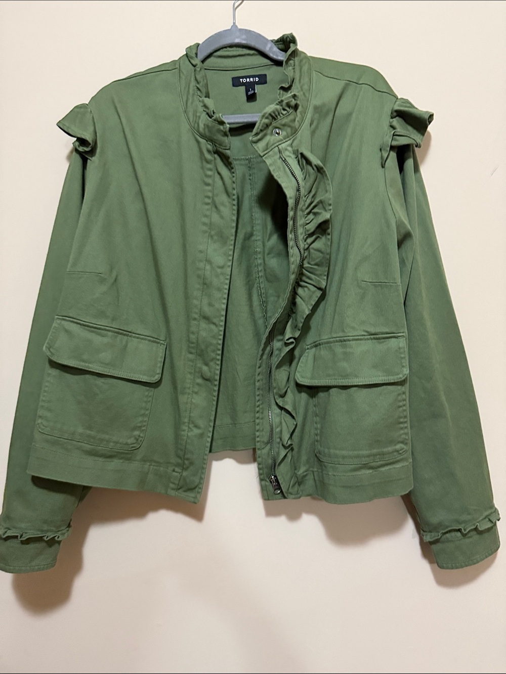 torrid Olive Green Ruffle-Trim Utility Jacket
